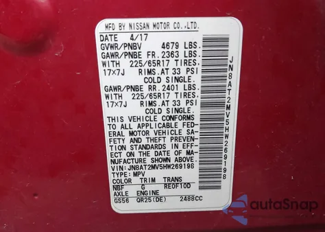 2017 Nissan Rogue S z USA, uszkodzony, nr VIN JN8AT2MV5HW269198